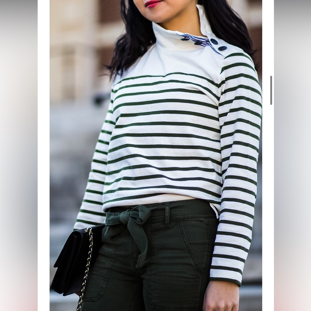J Crew Green Striped Side Button Mock Neck Sweater